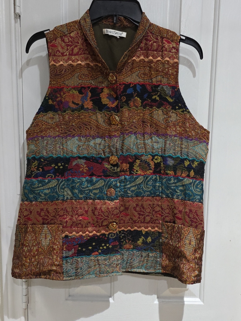 TravelSmith Multicolor Patchwork Sleeveless Tunic Vest - Red, Teal, Gold, Navy L